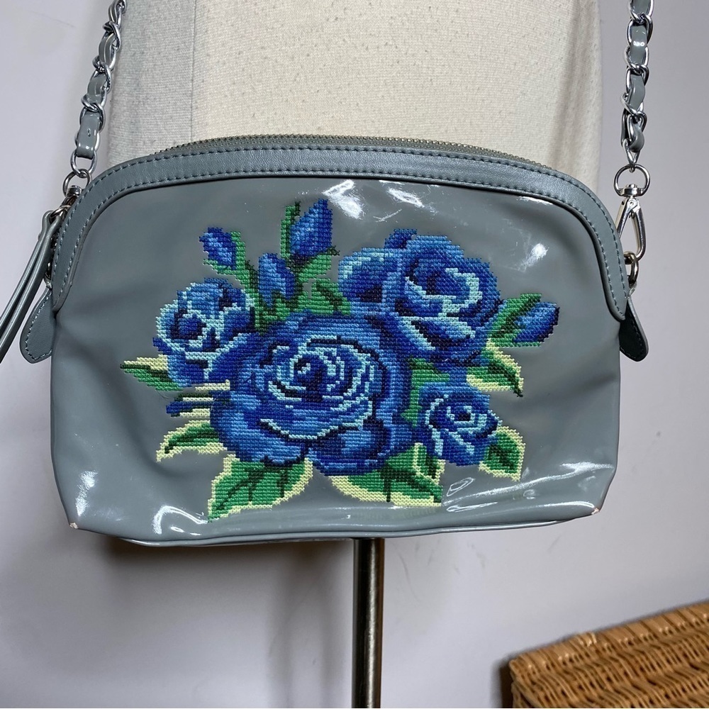 Sharif Patent Leather Gray Blue Embroidered Flower Crossbody Purse